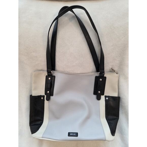 Relic Gray, Cream And Black Colorblock Zipper Shoulder Bag 12"x11"x5" - Picture 1 of 7